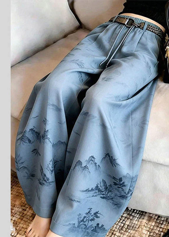 Unique Blue Print Drawstring Wide Leg Trousers Summer - Image 3