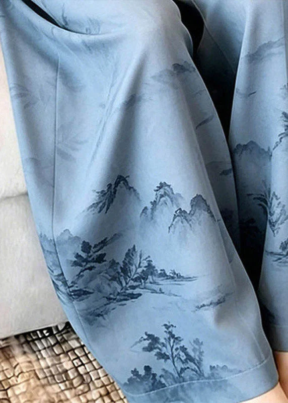 Unique Blue Print Drawstring Wide Leg Trousers Summer - Image 4