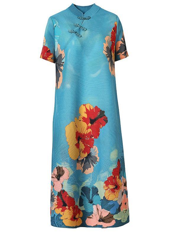 Unique Blue Print Floral Mandarin Collar Maxi Dresses Summer - Image 5