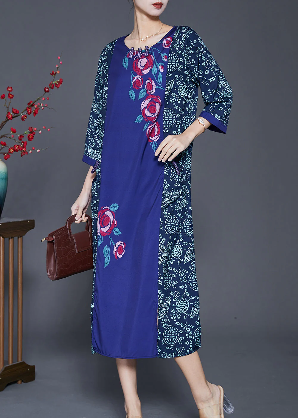 Unique Blue Print Patchwork Cotton Maxi Dresses Bracelet Sleeve - Image 2
