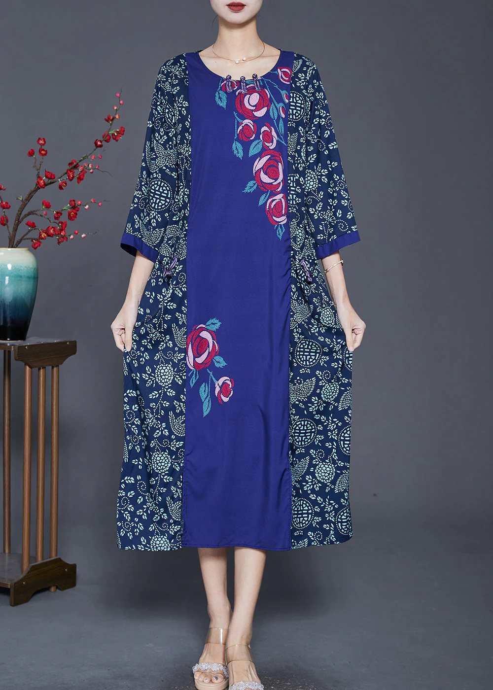 Unique Blue Print Patchwork Cotton Maxi Dresses Bracelet Sleeve - Image 3