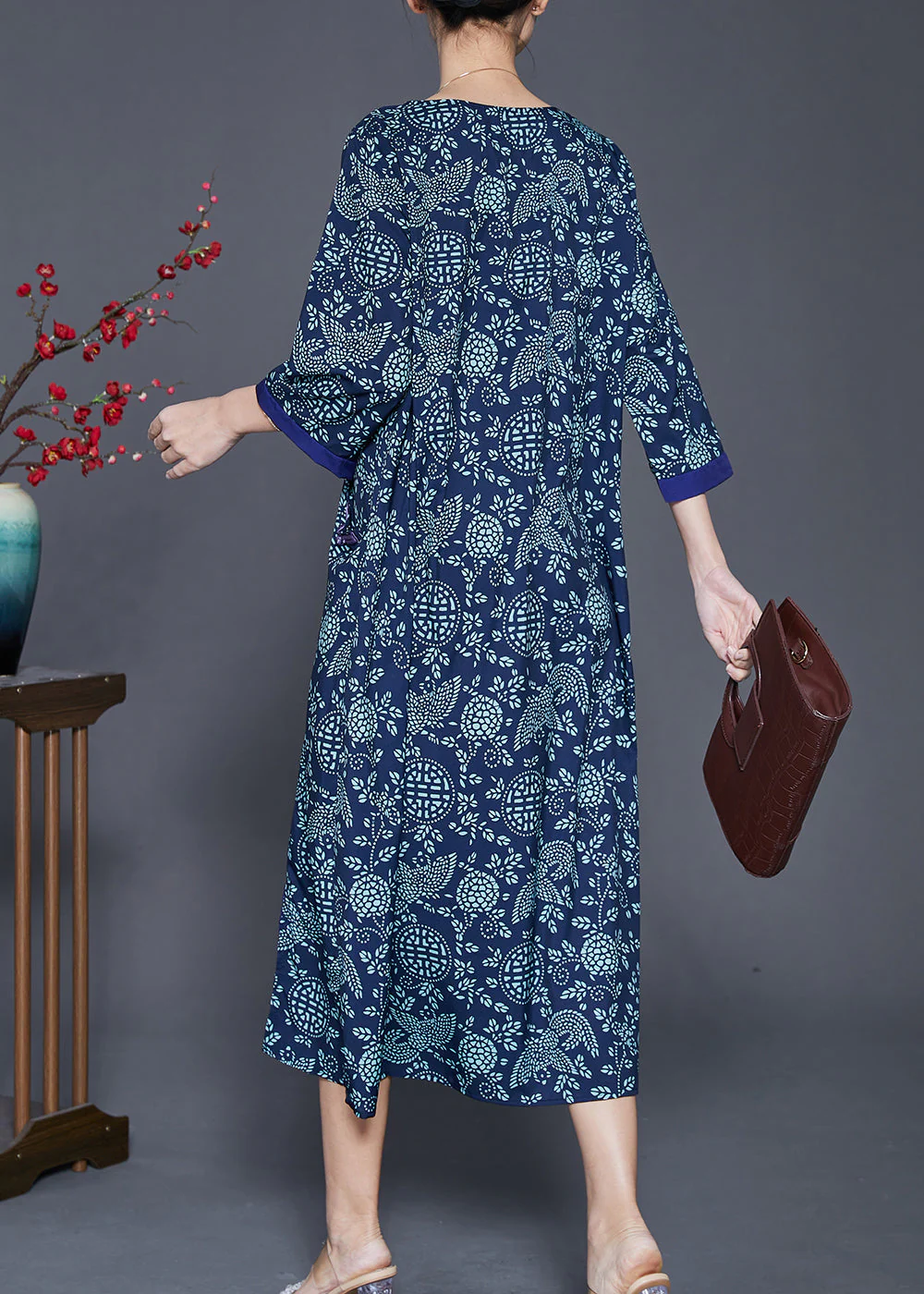 Unique Blue Print Patchwork Cotton Maxi Dresses Bracelet Sleeve - Image 4