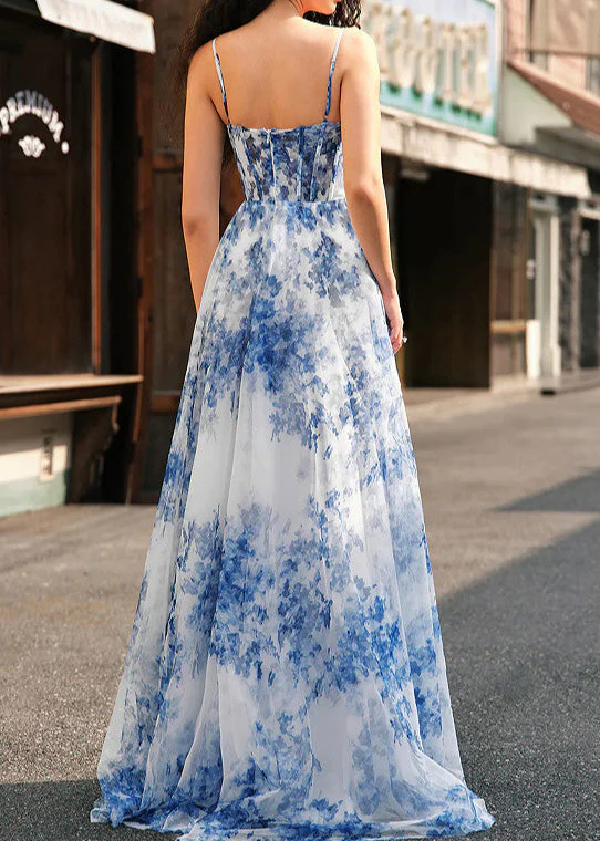 Unique Blue Print Side Open Chiffon Spaghetti Strap Dress Summer - Image 3