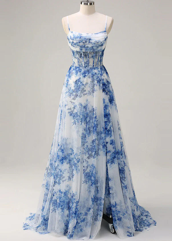 Unique Blue Print Side Open Chiffon Spaghetti Strap Dress Summer - Image 5