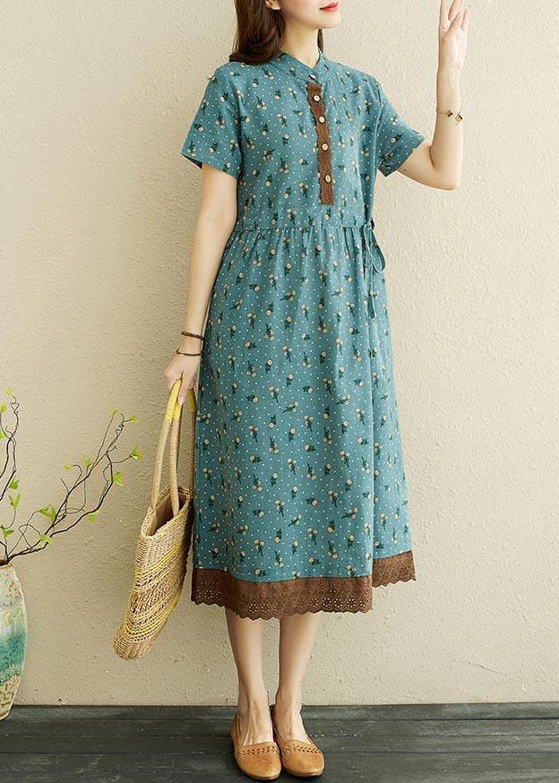 Unique Blue Print tie waist Long Summer Cotton Dress - Image 2