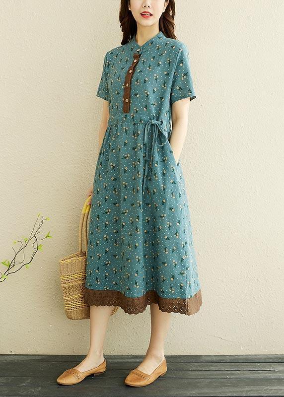 Unique Blue Print tie waist Long Summer Cotton Dress - Image 3