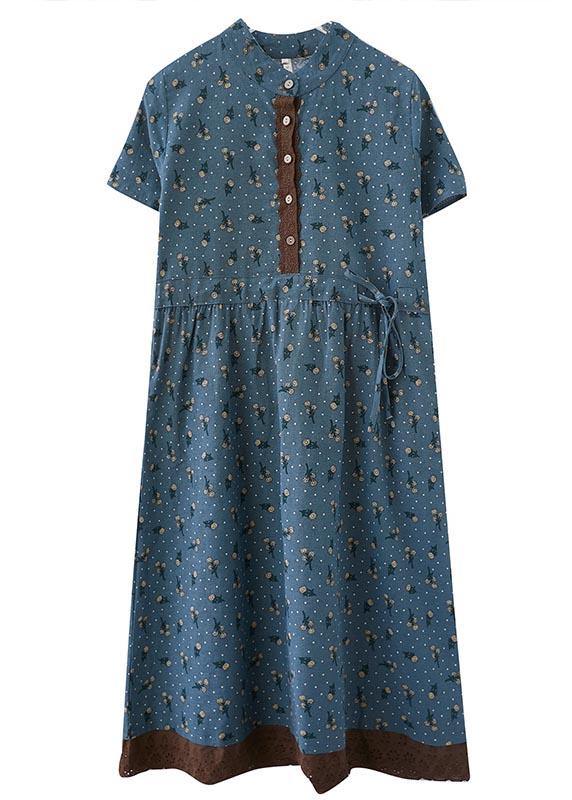Unique Blue Print tie waist Long Summer Cotton Dress - Image 4