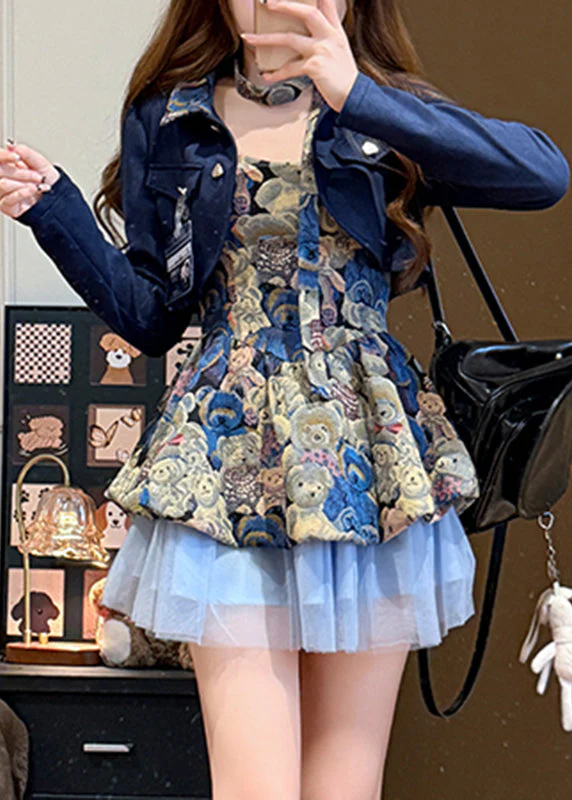 Unique Blue Print Tulle Patchwork Coats And Mid Dress Two Piece Set Fall - Image 2