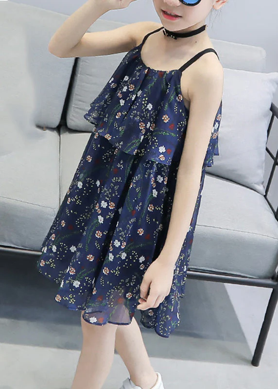 Unique Blue Print Wrinkled Girls Chiffon Slip Mid Sundress Sleeveless - Image 2