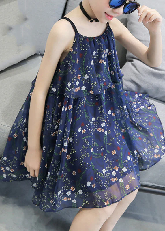 Unique Blue Print Wrinkled Girls Chiffon Slip Mid Sundress Sleeveless - Image 3