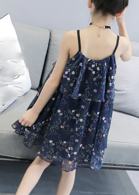 Unique Blue Print Wrinkled Girls Chiffon Slip Mid Sundress Sleeveless - Image 4