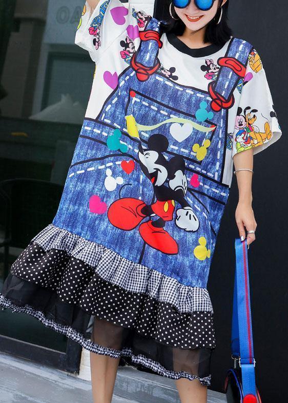 Unique blue prints Cotton tunic dress  ruffles hem daily summer Dresses - Image 3