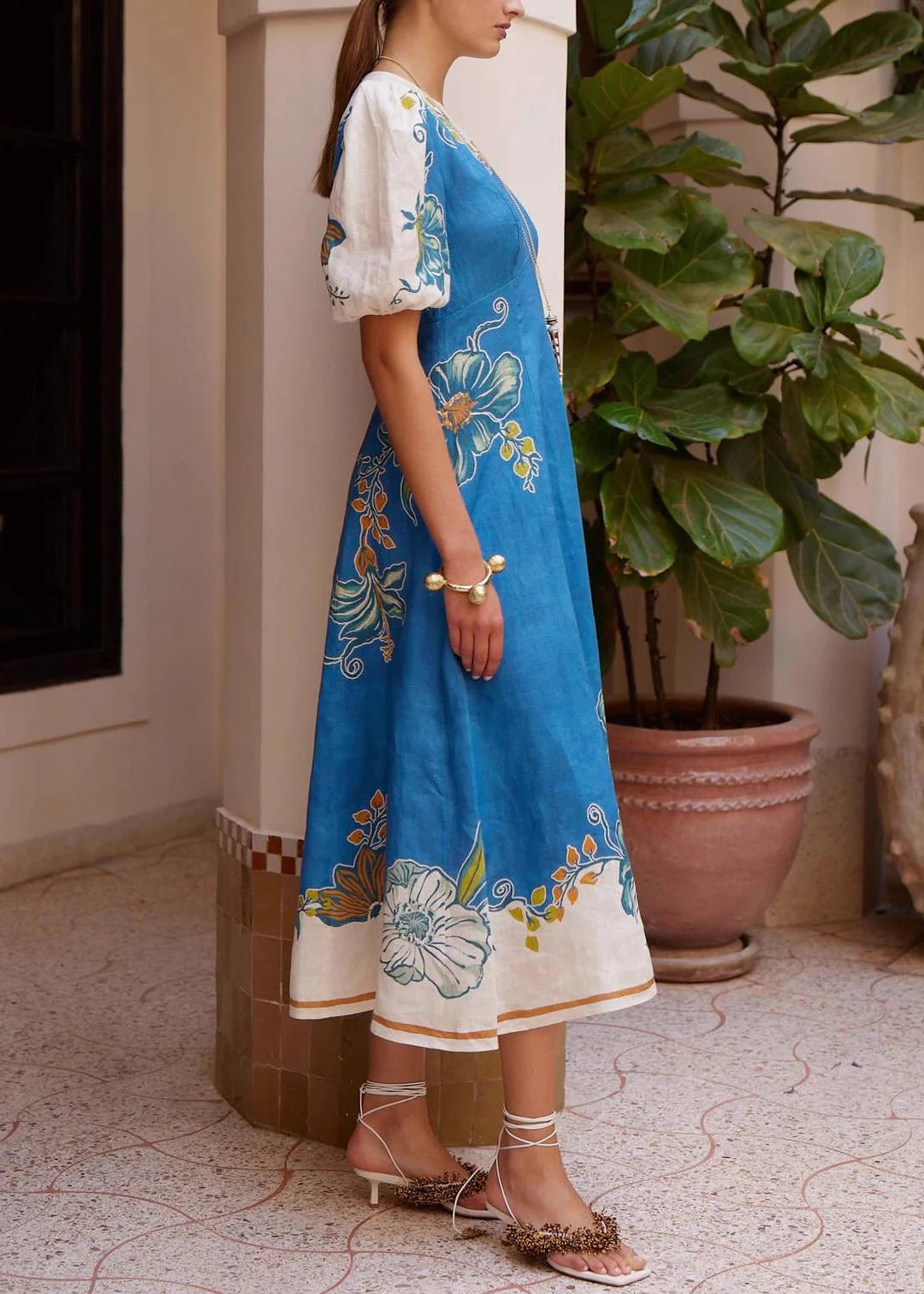 Unique Blue Puff Sleeve Print Linen Robe Dresses - Image 2