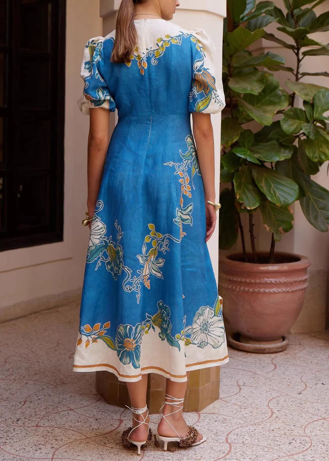 Unique Blue Puff Sleeve Print Linen Robe Dresses - Image 3