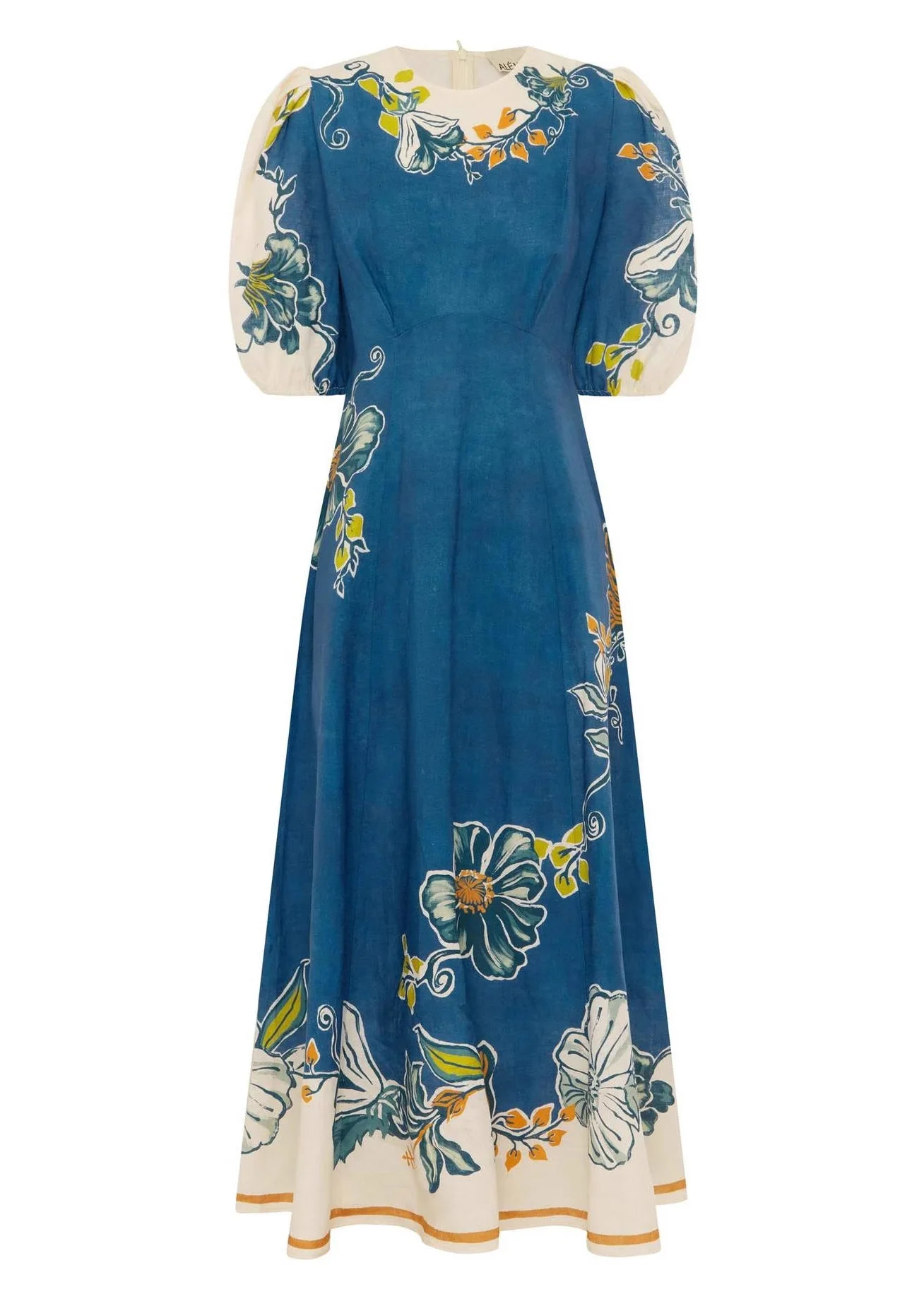 Unique Blue Puff Sleeve Print Linen Robe Dresses - Image 5