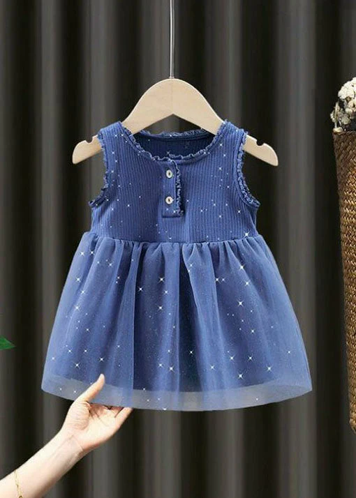 Unique Blue Ruffled Button Patchwork Tulle Kids Girls Dresses Sleeveless - Image 3