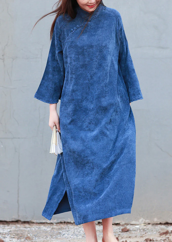 Unique Blue Stand Collar Print Button Holiday Maxi Dress Spring - Image 3
