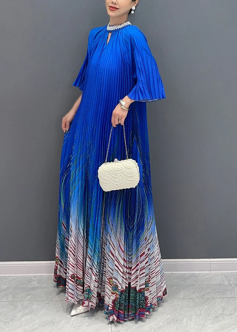 Unique Blue Stand Collar Print Wrinkled Long Dress Summer - Image 3
