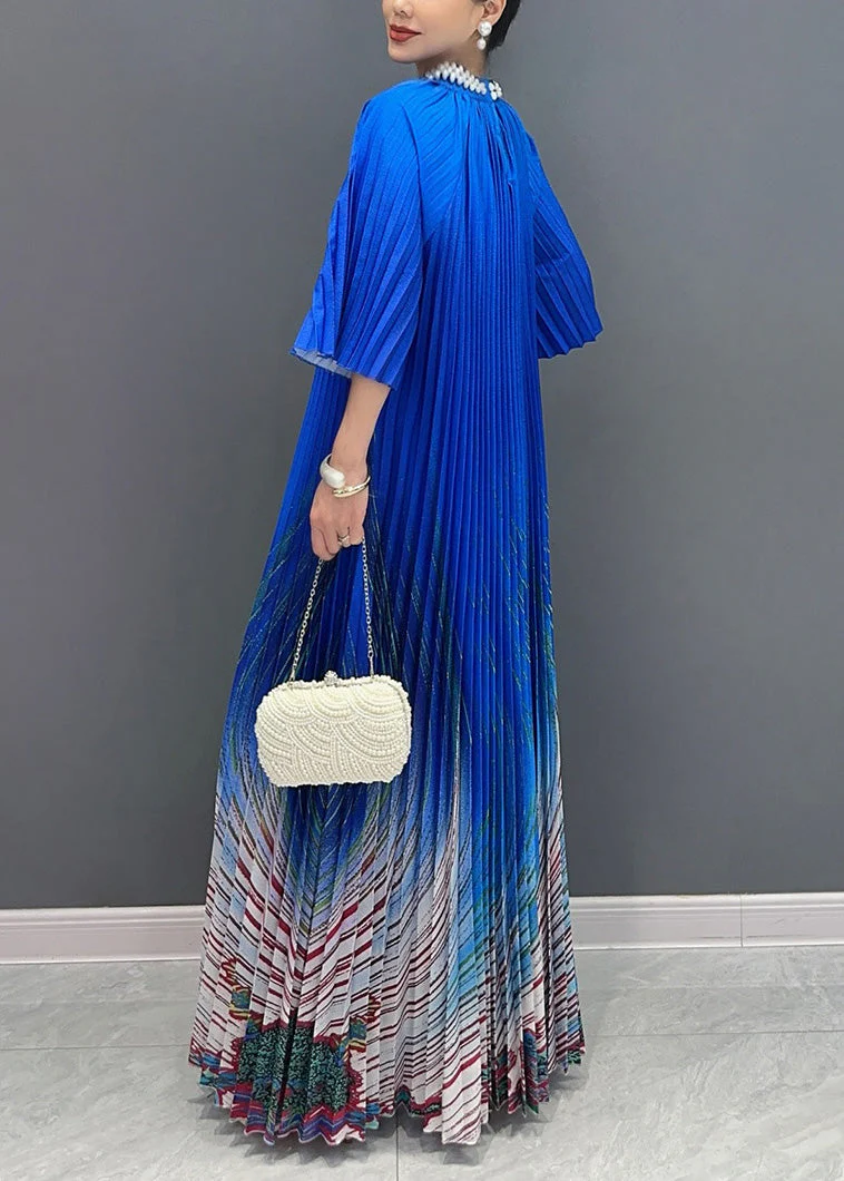 Unique Blue Stand Collar Print Wrinkled Long Dress Summer - Image 4