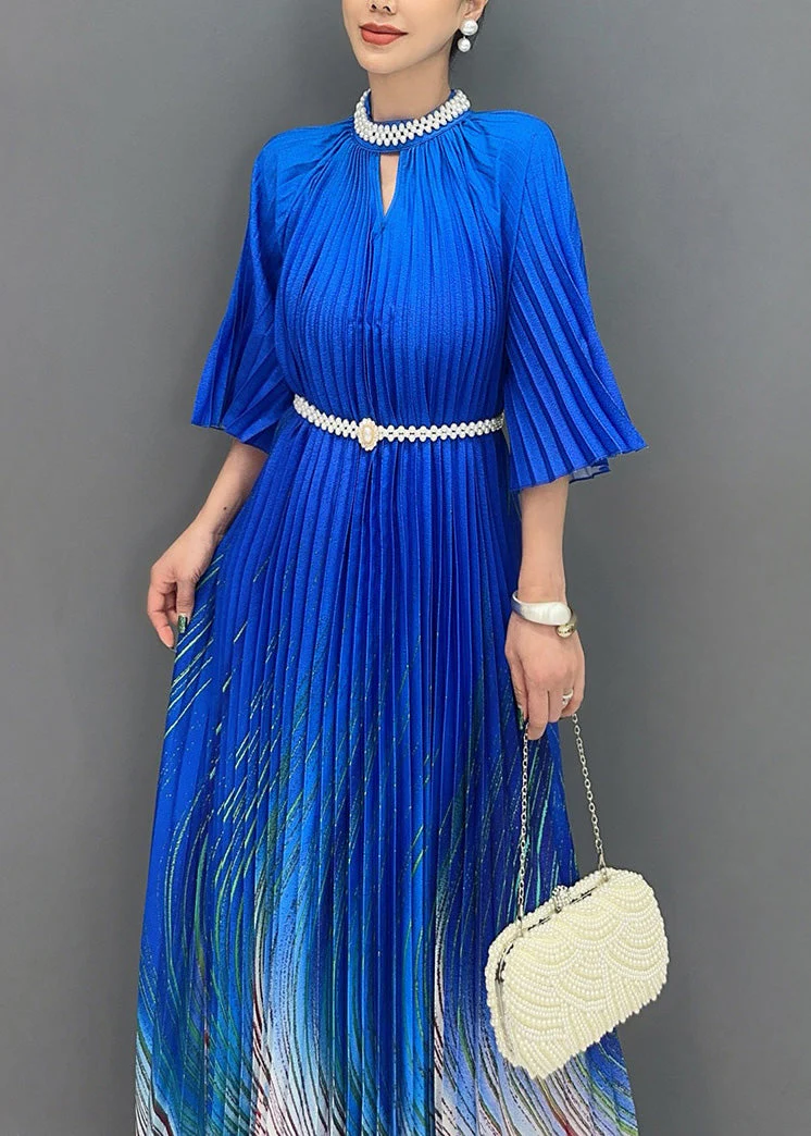 Unique Blue Stand Collar Print Wrinkled Long Dress Summer - Image 5