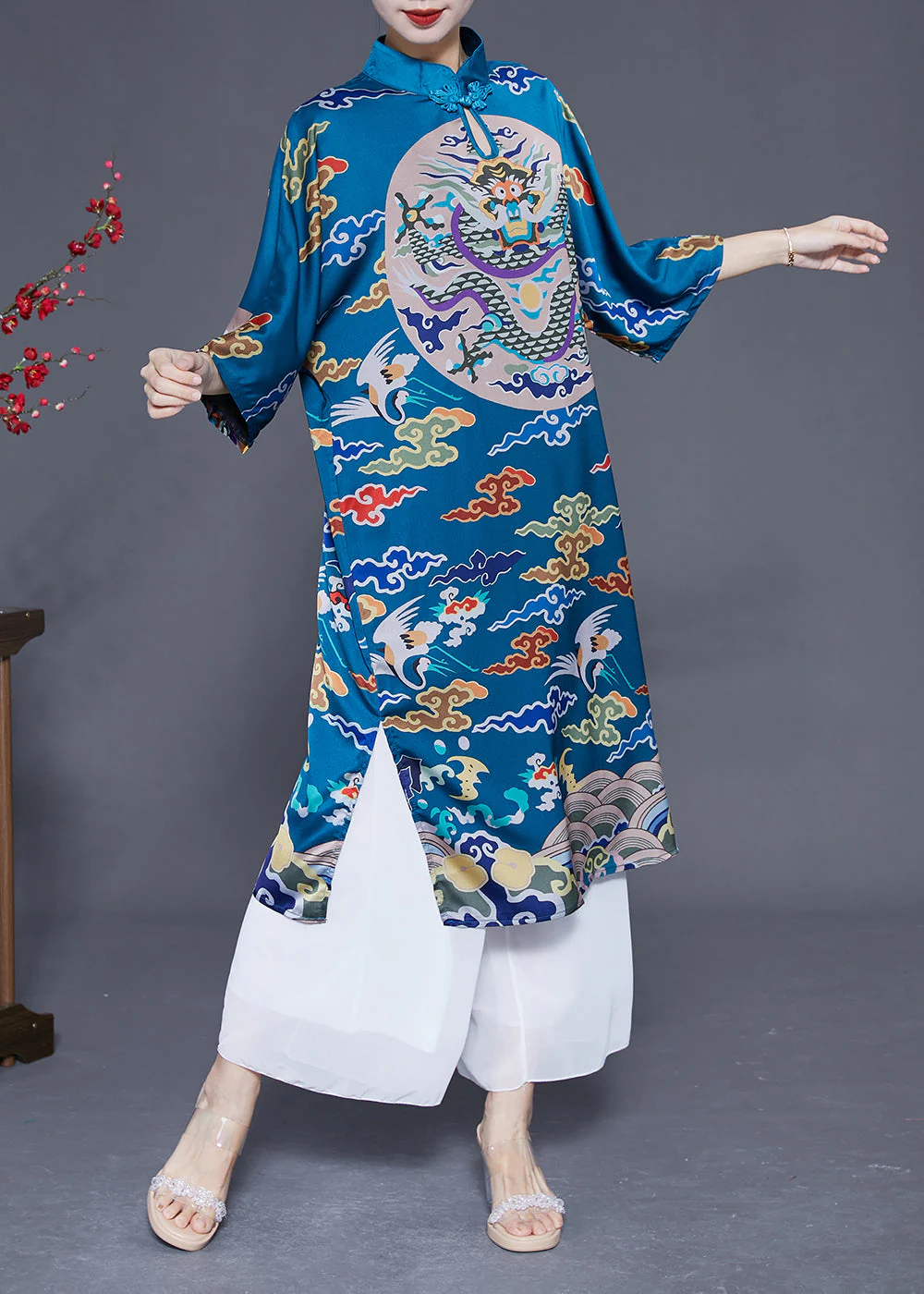 Unique Blue Stand Collar Side Open Silk Chinese Style Dress Half Sleeve - Image 2