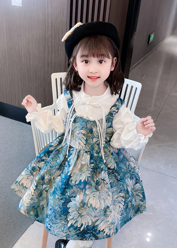 Unique Blue Tasseled Patchwork Cotton Kids Girls Dresses Sets 2 Pieces Fall - Image 3