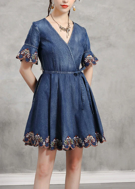 Unique Blue tie waist V Neck Embroideried Cotton Denim Dress flare sleeve - Image 2