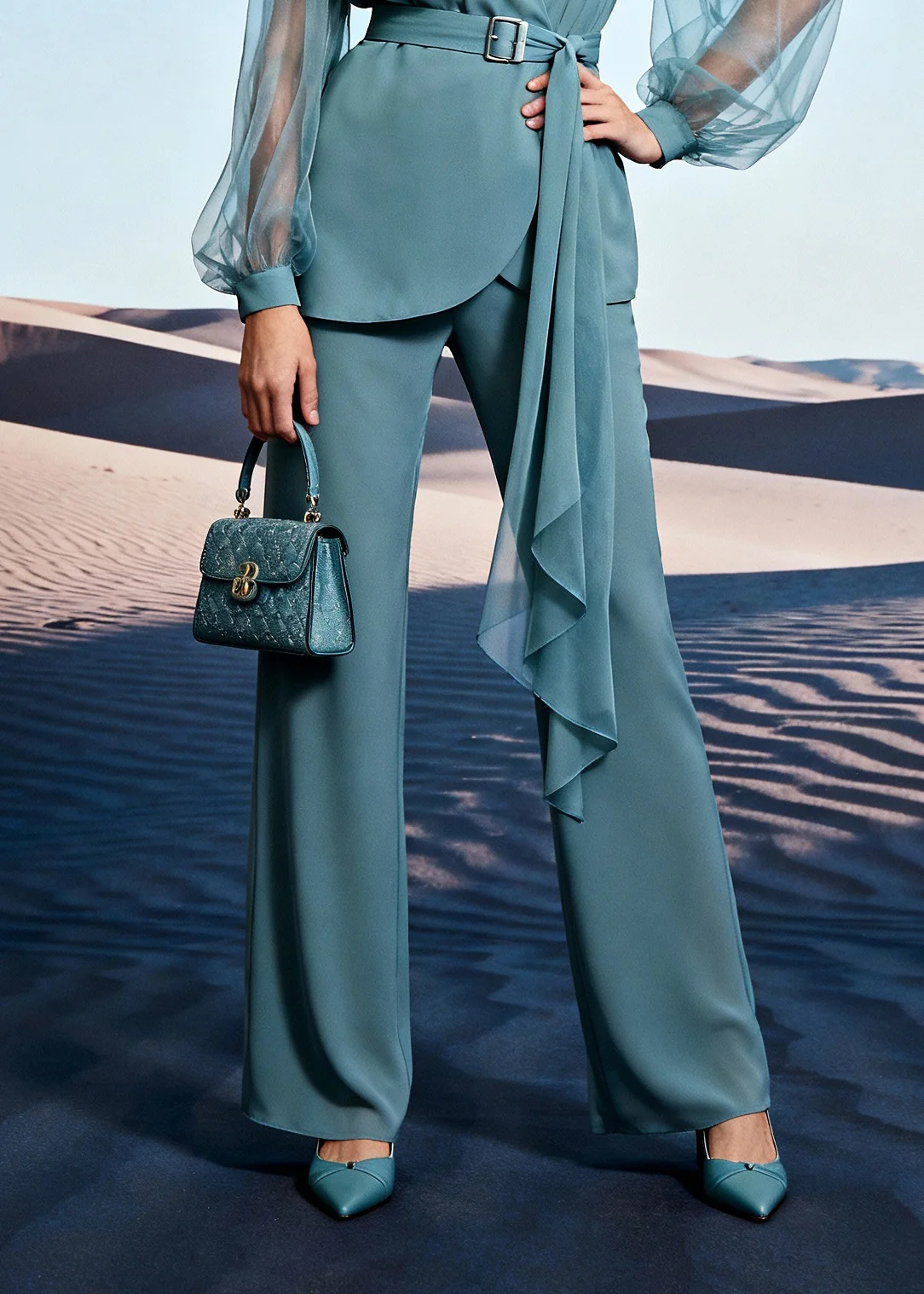 Unique Blue Tulle Patchwork Shirts And Wide Leg Pants Two Pieces Set Lantern Sleeve - Image 4