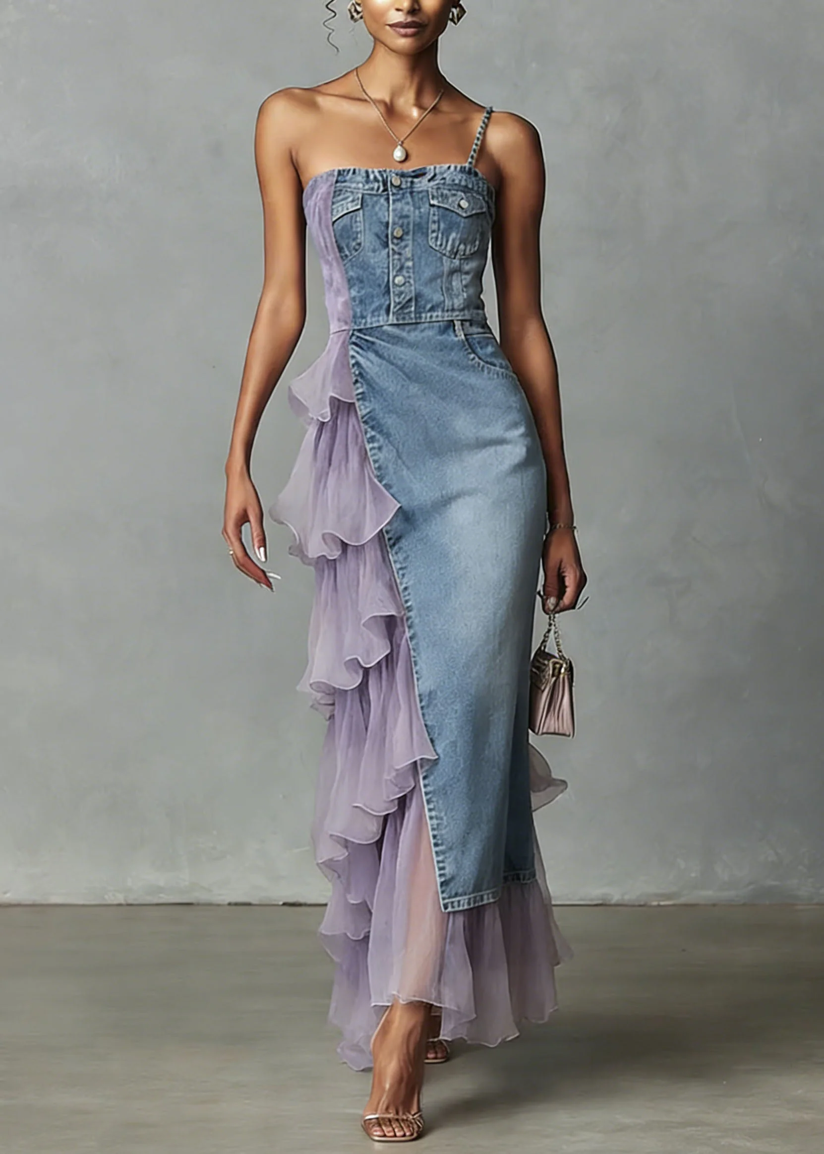 Unique Blue Tulle Ruffled Patchwork Denim Spaghetti Strap Dress Summer - Image 3