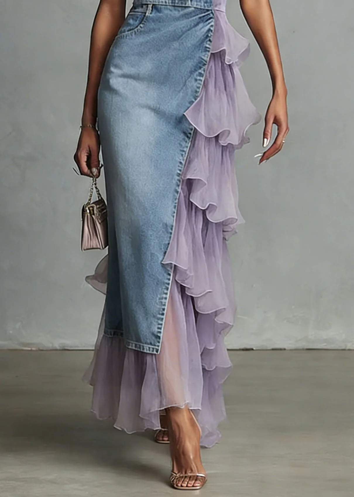 Unique Blue Tulle Ruffled Patchwork Denim Spaghetti Strap Dress Summer - Image 4