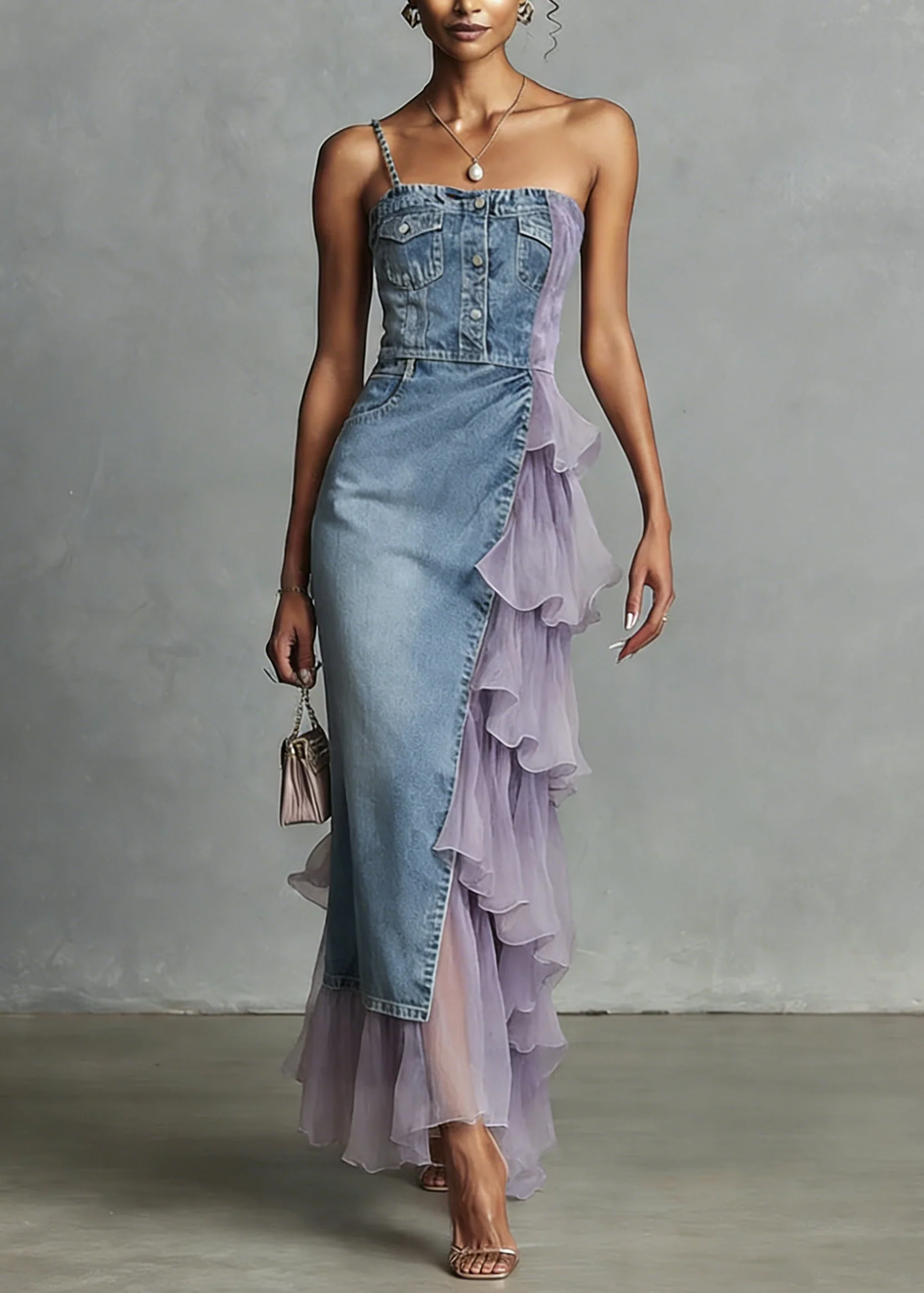 Unique Blue Tulle Ruffled Patchwork Denim Spaghetti Strap Dress Summer - Image 5