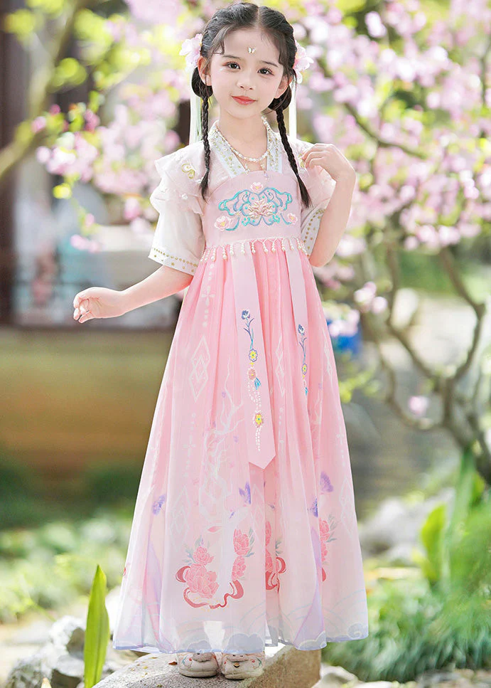 Unique Blue V Neck Embroideried Tassel Kids Girls Maxi Dresses Short Sleeve - Image 2