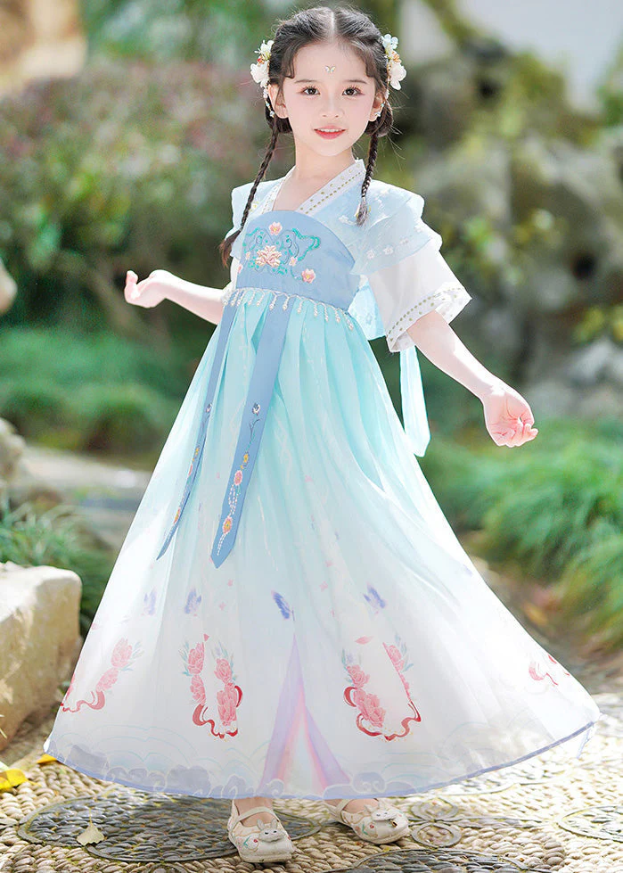 Unique Blue V Neck Embroideried Tassel Kids Girls Maxi Dresses Short Sleeve - Image 3