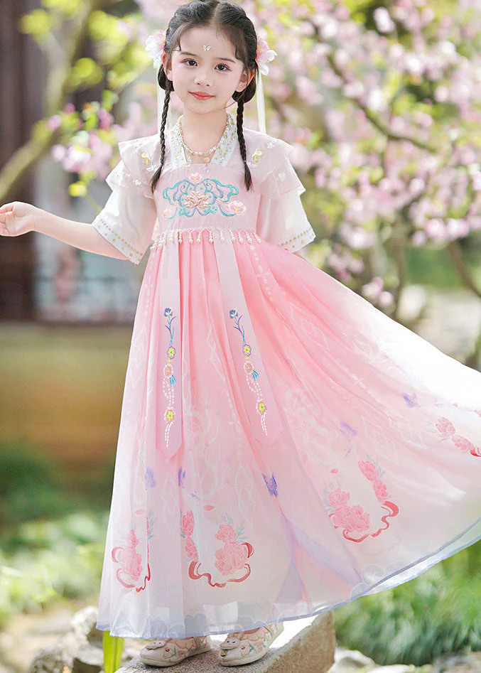 Unique Blue V Neck Embroideried Tassel Kids Girls Maxi Dresses Short Sleeve - Image 4