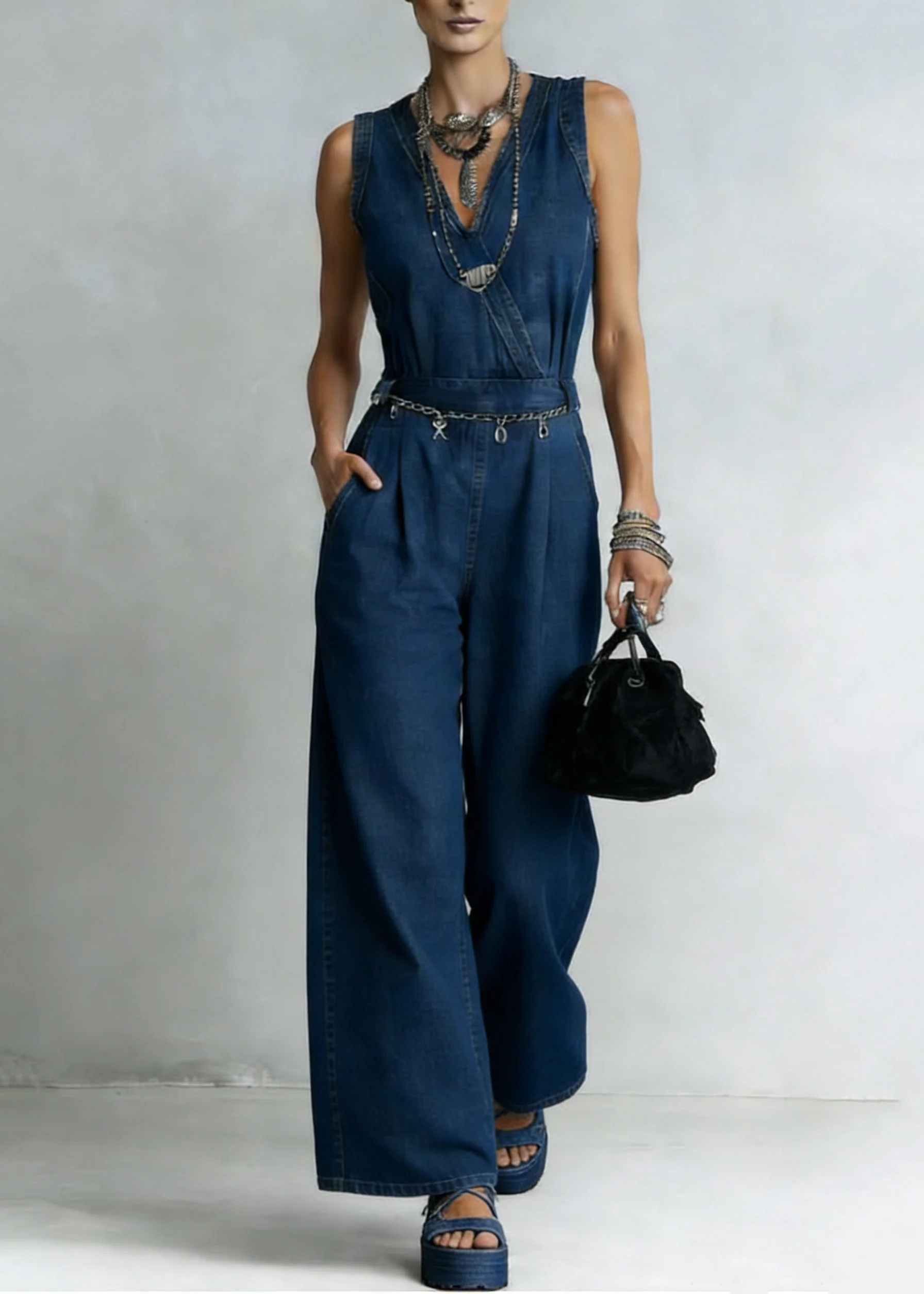 Unique Blue V Neck High Waist Denim Jumpsuit Sleeveless - Image 5