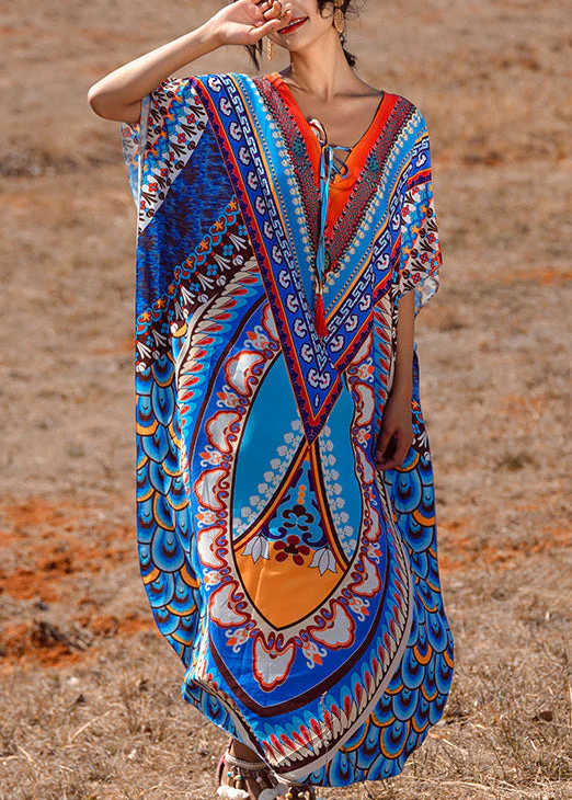 Unique Blue V Neck Lace Up Print Patchwork Chiffon Dresses Summer - Image 3