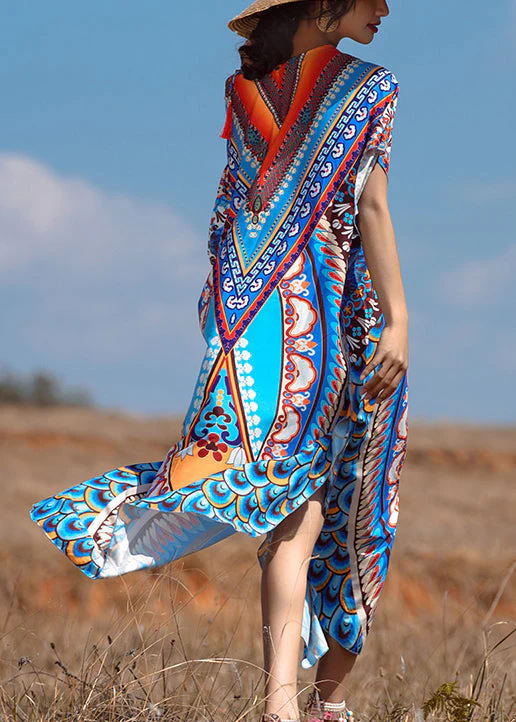 Unique Blue V Neck Lace Up Print Patchwork Chiffon Dresses Summer - Image 5
