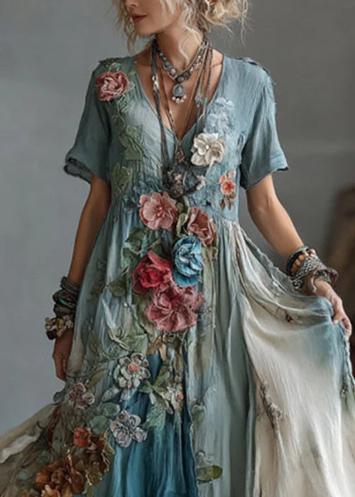 Unique Blue V Neck Tie Dye Floral Cotton Maxi Dress Summer - Image 2