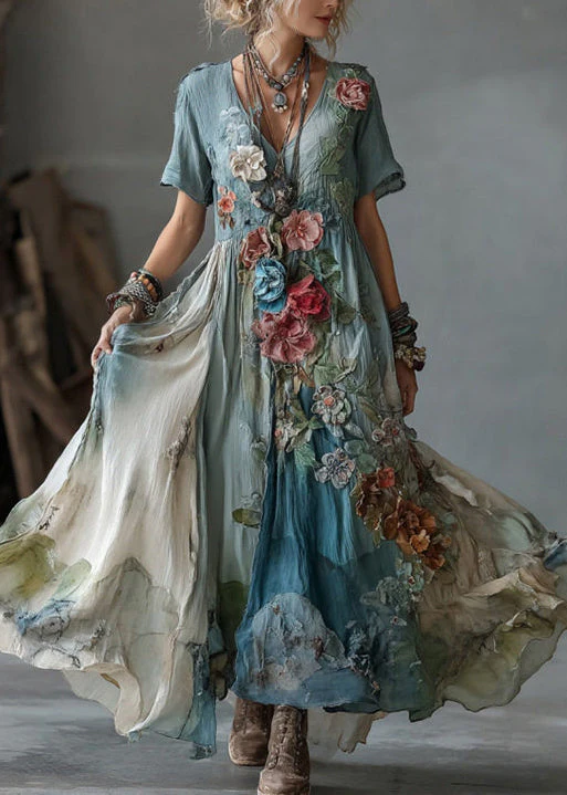 Unique Blue V Neck Tie Dye Floral Cotton Maxi Dress Summer - Image 3