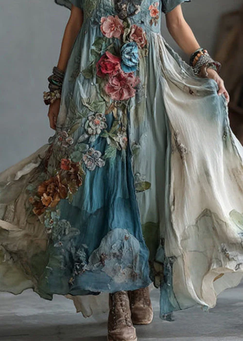 Unique Blue V Neck Tie Dye Floral Cotton Maxi Dress Summer - Image 4