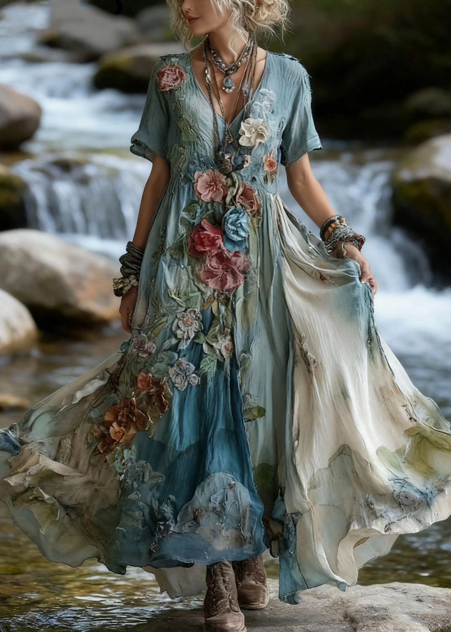 Unique Blue V Neck Tie Dye Floral Cotton Maxi Dress Summer - Image 5