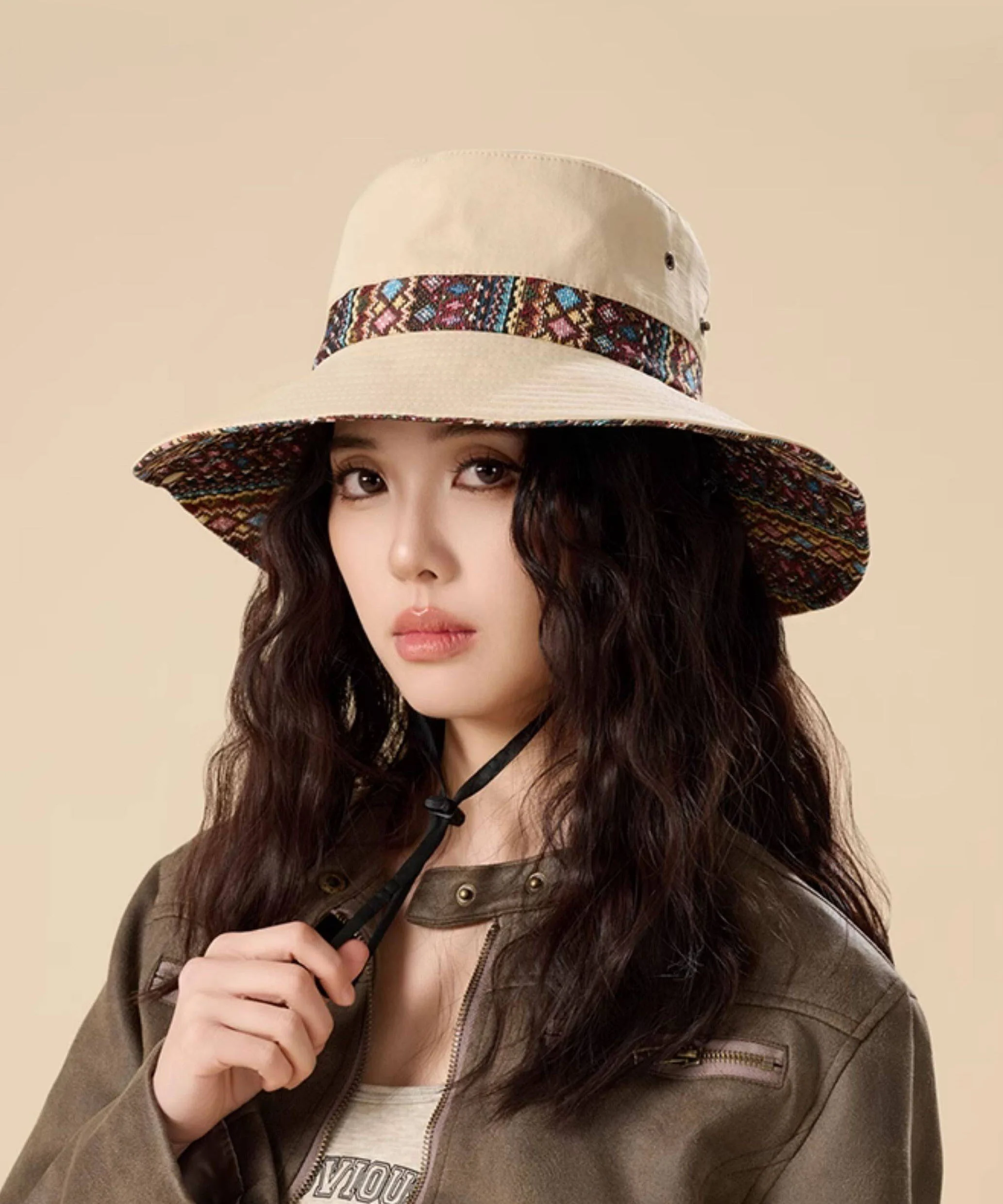 Unique Boho Khaki Outdoor Drawstring Bucket Hat - Image 3