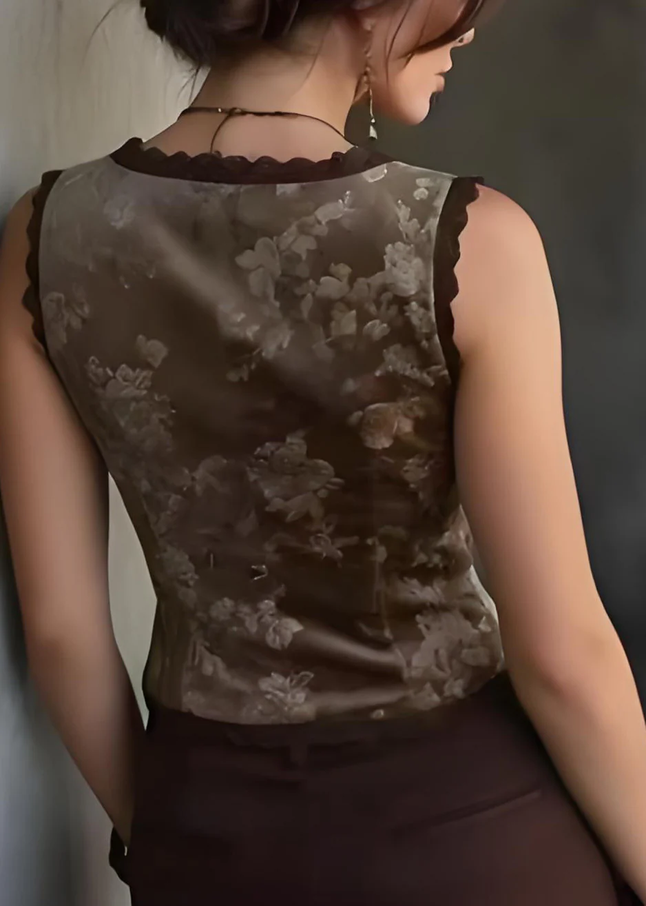 Unique Brown Embroideried Lace Patchwork Velour Vest Sleeveless - Image 2