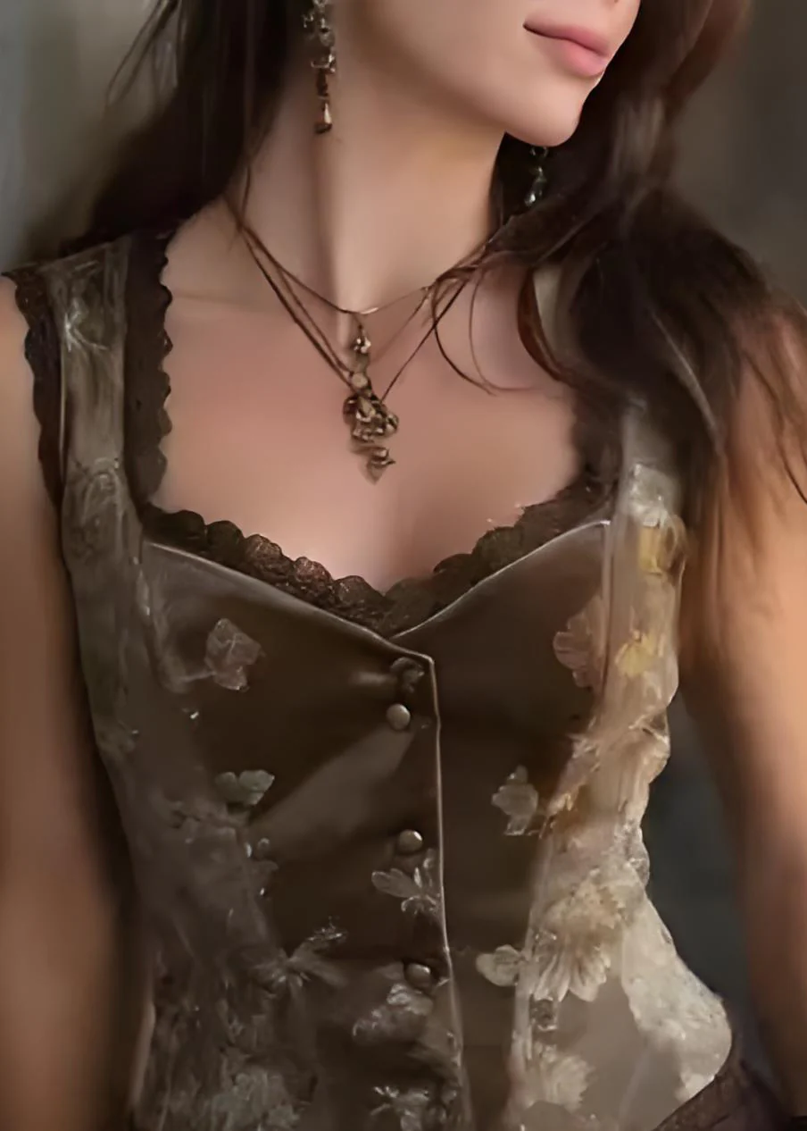 Unique Brown Embroideried Lace Patchwork Velour Vest Sleeveless - Image 3