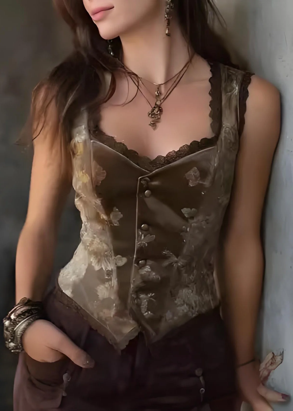 Unique Brown Embroideried Lace Patchwork Velour Vest Sleeveless - Image 5