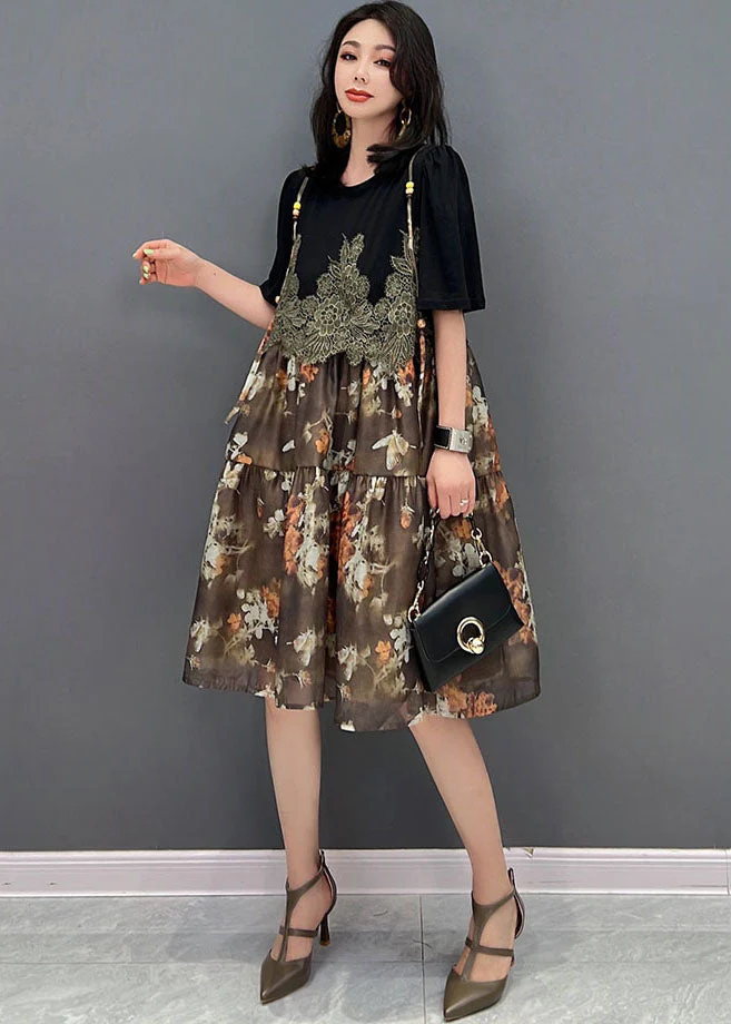 Unique Brown O-Neck Embroideried Patchwork Print Mid Dress Short Sleeve - Image 2