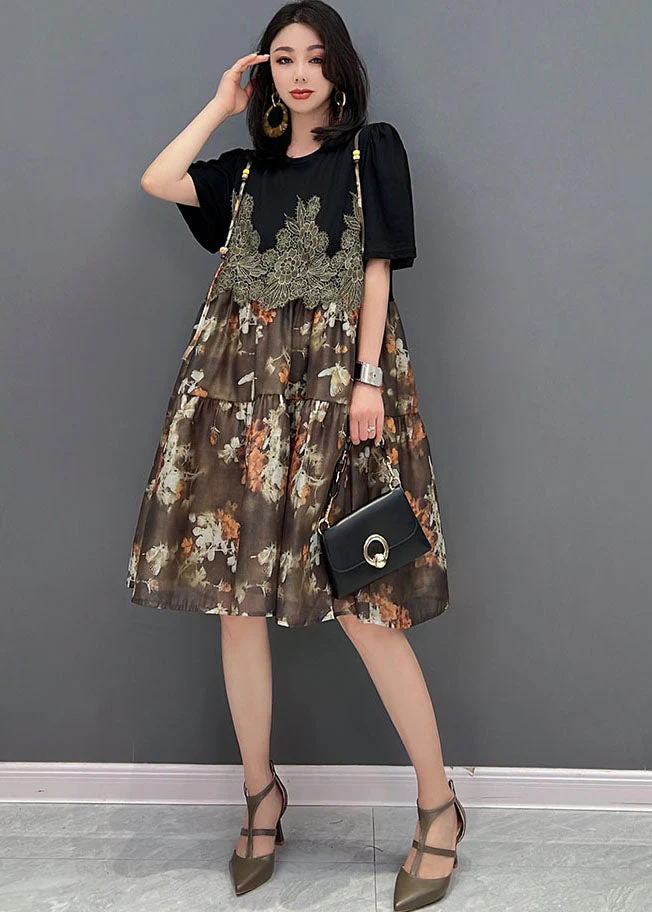 Unique Brown O-Neck Embroideried Patchwork Print Mid Dress Short Sleeve - Image 3