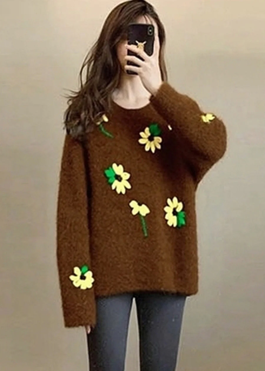 Unique Brown Oversized Floral Lace Knit Sweater Tops Winter - Image 3