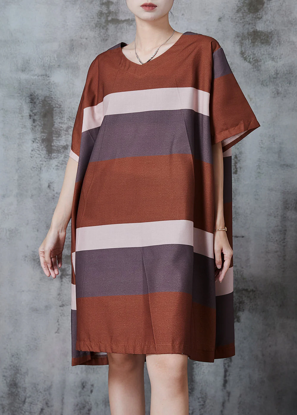 Unique Brown Oversized Striped Cotton Work Dress Summer - Image 3
