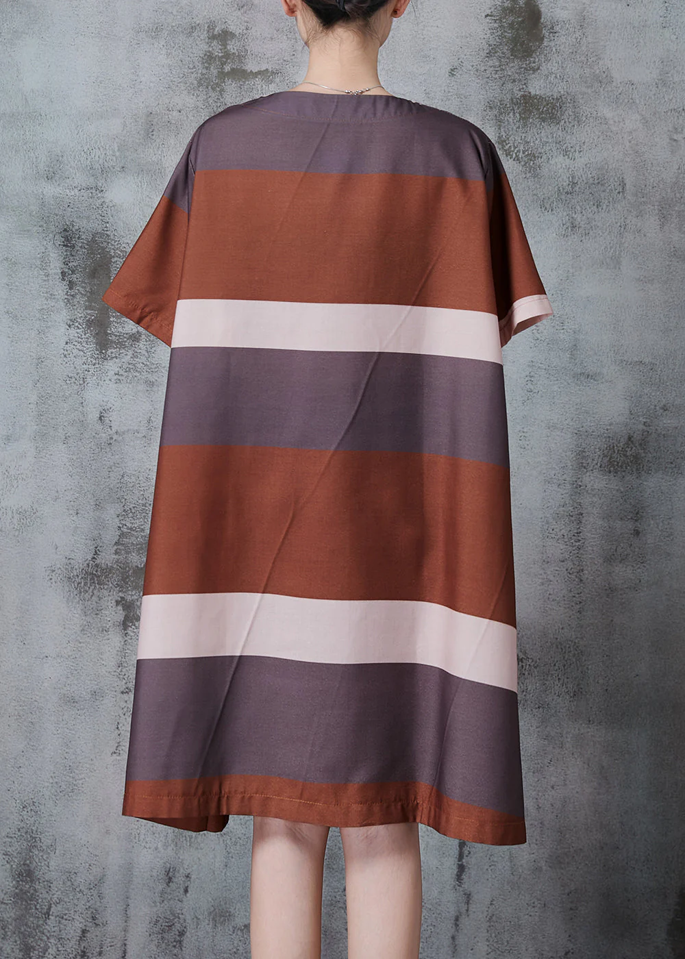 Unique Brown Oversized Striped Cotton Work Dress Summer - Image 4